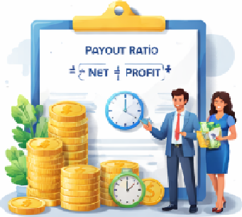 기업의 배당성향을 설명하는 재무제표와 동전, 시계가 함께 표현된 고배당주 분석 일러스트 기업의 배당성향을 설명하는 재무제표와 동전, 시계가 함께 표현된 고배당주 분석 일러스트