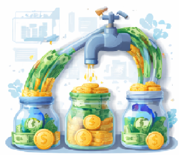 현금이 항아리에 모이는 모습을 통해 잉여현금흐름을 상징적으로 표현한 투자 일러스트