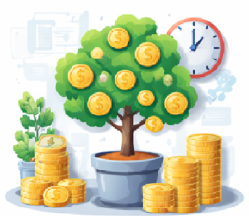 동전이 열리는 나무를 통해 배당 성장과 장기 투자를 상징한 고배당주 일러스트