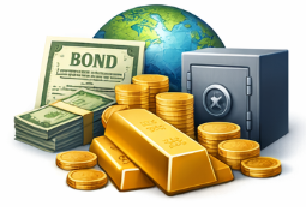 금, 채권, 달러 현금이 함께 배치된 안전자산 투자 포트폴리오 이미지 금, 채권, 달러 현금이 함께 배치된 안전자산 투자 포트폴리오 이미지