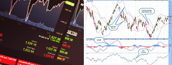 주식 차트 화면에서 캔들차트와 거래량을 분석하는 기술적 분석 개념 이미지