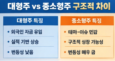 대형주와 중소형주 수익률을 비교하는 인포그래픽으로 안정성과 성장성을 대비한 구조 설명 이미지