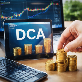 DCA 정기적립식 투자 개념과 분할매수 전략을 표현한 주식 장기투자 이미지