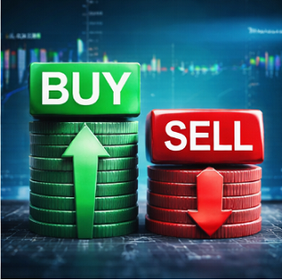 BUY와 SELL 버튼이 대비된 구조로 분할매수와 분할매도 전략 차이를 보여주는 투자 개념 이미지