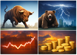 상승장과 하락장을 상징하는 황소와 곰, 변동성 시장 흐름을 나타내는 금융 그래픽 이미지 상승장과 하락장을 상징하는 황소와 곰, 변동성 시장 흐름을 나타내는 금융 그래픽 이미지