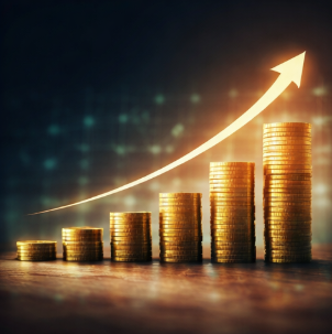 상승 화살표와 함께 계단식으로 쌓인 동전 그래픽, 성장주 투자와 자산 증가를 상징하는 이미지