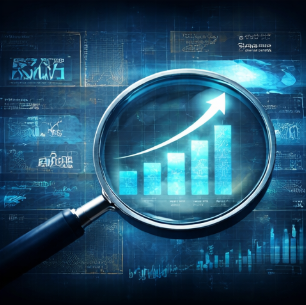 돋보기로 상승 그래프를 확대해 분석하는 장면, 매출 성장률과 실적 개선을 의미하는 금융 이미지