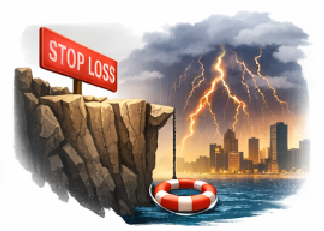 손절과 위험 관리를 상징하는 절벽과 폭풍 속 금융 시장 이미지 손절과 위험 관리를 상징하는 절벽과 폭풍 속 금융 시장 이미지