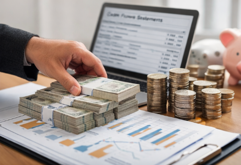 현금 흐름을 나타내는 화살표와 동전이 있는 장면 재무제표의 현금 흐름을 나타내는 화살표와 동전이 있는 장면