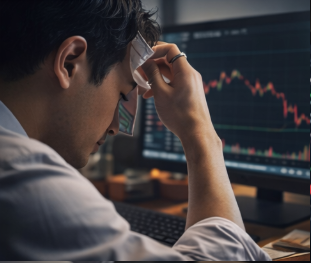 주식 손실로 머리를 감싸 쥔 채 고민하는 투자자의 모습