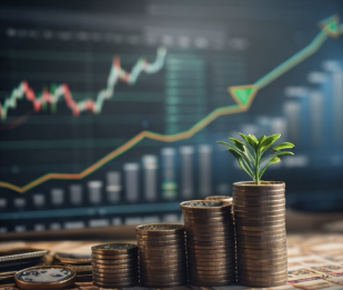 코인 더미와 주가 상승선으로 나타낸 자산 증식과 복리 효과 장면