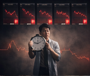 하락장 차트 앞에서 시계를 들고 고민하는 개인 투자자의 모습