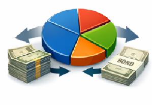 주식과 채권을 혼합한 자산배분 포트폴리오 파이차트와 현금 자산 이미지 주식과 채권을 혼합한 자산배분 포트폴리오 파이차트와 현금 자산 이미지