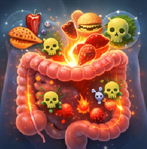 가공식품과 설탕 섭취로 장 건강이 악화되는 장 내부 일러스트