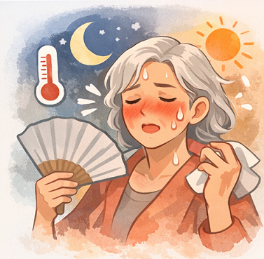 갱년기 호르몬 변화로 얼굴 홍조와 열감이 나타나는 여성 갱년기 호르몬 변화로 얼굴 홍조와 열감이 나타나는 여성