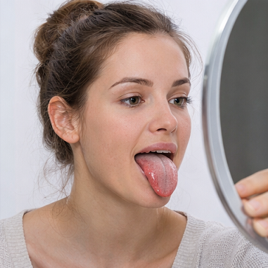 거울로 혀 상태를 확인하는 자가 건강 진단 모습