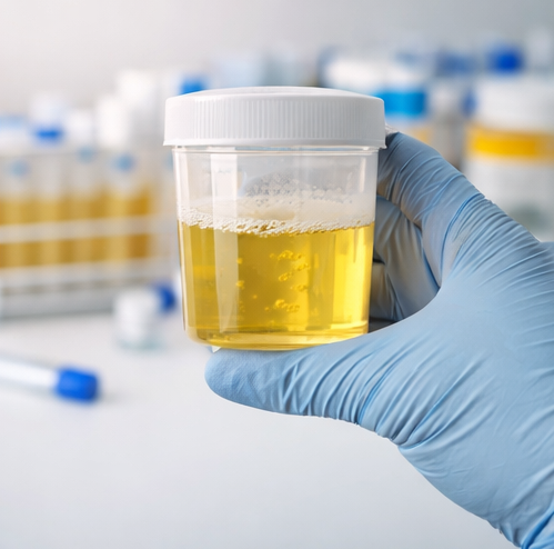 거품이 있는 소변 검체 컵을 들고 있는 장면