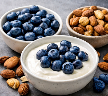 건강 간식 그릭요거트 블루베리 견과류 조합
