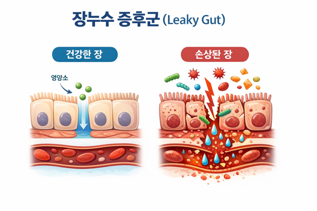 장벽이 정상적으로 영양소만 흡수하는 건강한 장 점막 구조와 손상된 장벽 사이로 독소와 세균이 혈액으로 유입되는 장누수 증후군 설명 이미지