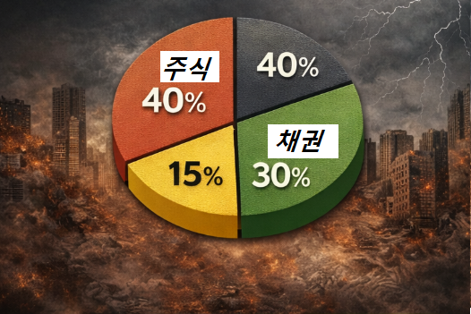 경제 위기 대비 주식 채권 금 현금 비중을 보여주는 투자 포트폴리오 자산 배분 전략 차트