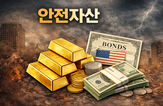 경제 위기 상황에서 금, 채권, 현금 등 안전자산을 보여주는 자산 배분 전략 개념 이미지