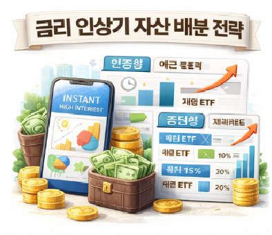 자산 배분 차트와 ETF, 예금 구성이 표현된 투자 포트폴리오 일러스트 자산 배분 차트와 ETF, 예금 구성이 표현된 투자 포트폴리오 일러스트