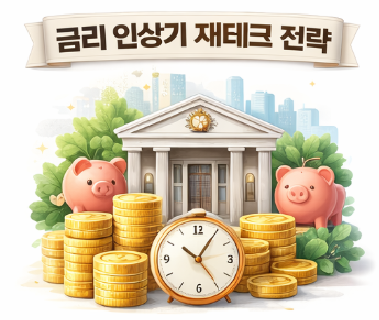 금리 인상기 재테크 전략을 상징하는 은행 건물과 돼지저금통, 동전 더미 일러스트