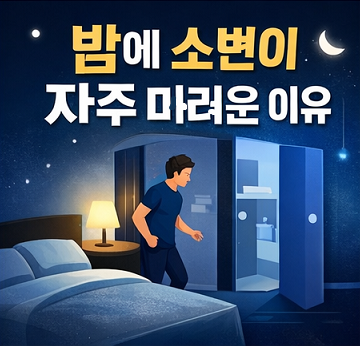 밤에 소변 자주 마려운 남성이 화장실로 가는 장면 야간뇨 원인 이미지