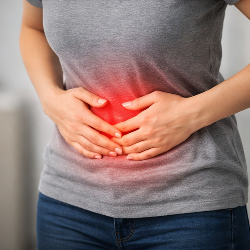 복부 불편감으로 배를 잡고 있는 여성