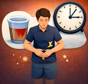 복통과 야간뇨로 불편함을 느끼는 남성 건강 문제 이미지