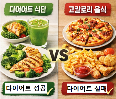 브로콜리 다이어트 식단과 고칼로리 음식 비교 이미지