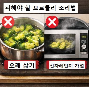 브로콜리 잘못된 조리법 오래 삶기 전자레인지 과열 비교