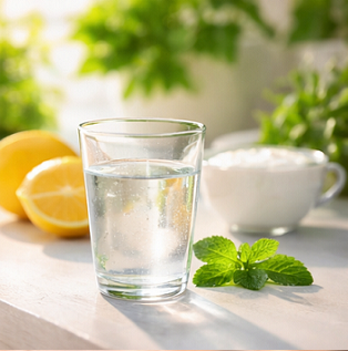 상쾌한 아침 자연광 속 물 한 잔과 레몬 장식 건강 이미지