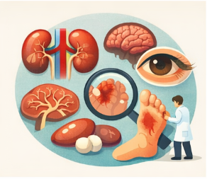 신장과 눈, 발 등 당뇨 합병증을 보여주는 인체 장기 일러스트