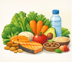 채소와 연어, 견과류가 포함된 균형 잡힌 건강 식단 일러스트