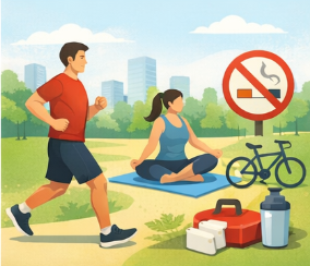 공원에서 걷기 운동과 명상을 하는 모습과 금연 표시가 있는 건강 생활 장면