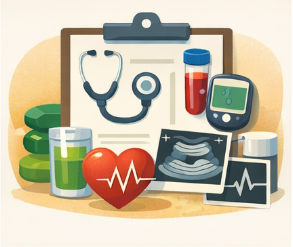 청진기와 혈액검사 키트, 혈압계가 놓인 정기 건강검진 일러스트