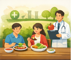 의사 상담과 함께 균형 잡힌 식사를 하는 가족의 건강 관리 장면