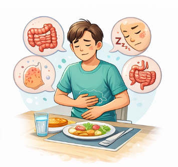 장 건강 문제로 인한 소화불량과 복부 통증 증상을 설명하는 장누수 증후군 일러스트 장 건강 문제로 인한 소화불량과 복부 통증 증상을 설명하는 장누수 증후군 일러스트