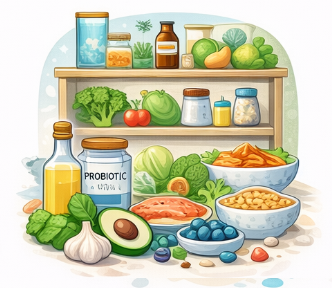 장 건강에 좋은 음식 이미지 – 프로바이오틱스와 식이섬유가 풍부한 장 회복 식단 장 건강에 좋은 음식 이미지 – 프로바이오틱스와 식이섬유가 풍부한 장 회복 식단