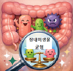 장내 미생물 균형과 유익균 유해균 구조 설명 일러스트