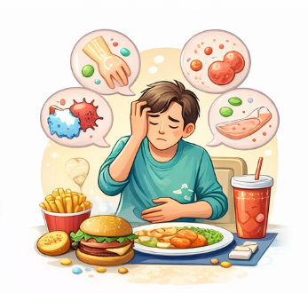 장누수 증상과 원인 설명 이미지 – 가공식품 섭취 후 복부 불편과 장 염증을 나타낸 일러스트 장누수 증상과 원인 설명 이미지 – 가공식품 섭취 후 복부 불편과 장 염증을 나타낸 일러스트