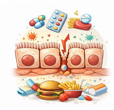 장누수 증후군 원리 설명 이미지 – 손상된 장벽 사이로 독소와 세균이 혈액으로 유입되는 모습 장누수 증후군 원리 설명 이미지 – 손상된 장벽 사이로 독소와 세균이 혈액으로 유입되는 모습