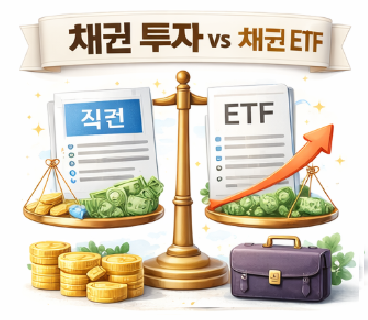 직접 채권과 ETF를 저울로 비교하는 채권 투자 전략 일러스트 직접 채권과 ETF를 저울로 비교하는 채권 투자 전략 일러스트