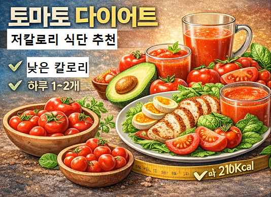 토마토 다이어트 식단과 저칼로리 건강 식품 특징을 보여주는 이미지
