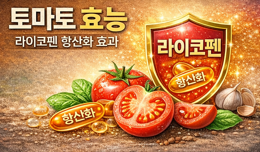 토마토 효능과 라이코펜 항산화 효과를 설명하는 건강 정보 이미지