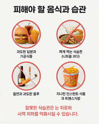 가공식품, 짠 음식, 과도한 음주와 흡연 등 눈 건강에 해로운 식습관을 보여주는 이미지