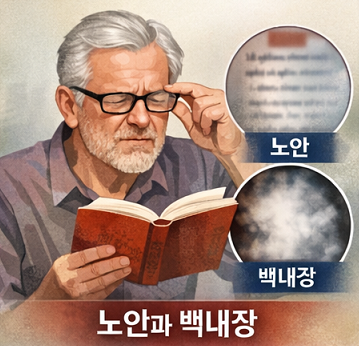 가까운 글씨를 보기 어려워하는 중장년 남성을 통해 노안과 백내장을 설명하는 장면 가까운 글씨를 보기 어려워하는 중장년 남성을 통해 노안과 백내장을 설명하는 장면