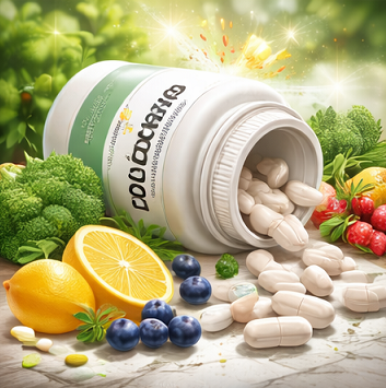 글루타치온 영양제와 피부 광채를 표현한 밝은 분위기의 일러스트