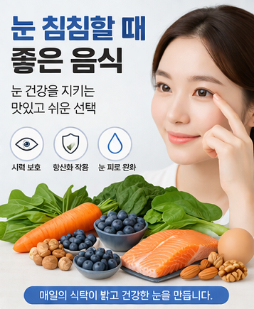눈 건강에 좋은 음식인 시금치, 블루베리, 연어, 달걀을 배경으로 눈가를 가리키는 여성 모습